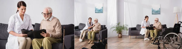 高齢障害者が家でソーシャルワーカーと写真アルバムを閲覧する際のコラージュバナー — ストック写真