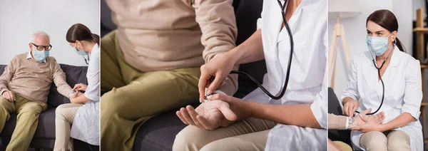 Collage Social Worker Examining Health Aged Patient Stethoscope Banner — Stock Photo, Image