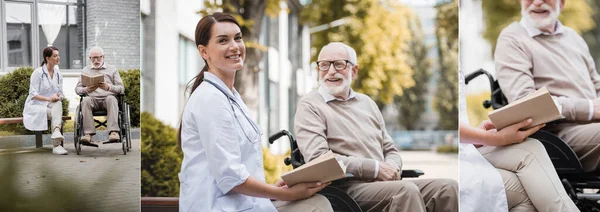 Collage Social Worker Aged Disabled Man Wheelchair Reading Book Outdoors — Stock Photo, Image