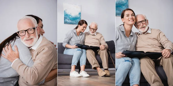 Collage Eines Älteren Mannes Der Seine Erwachsene Tochter Umarmt Und — Stockfoto