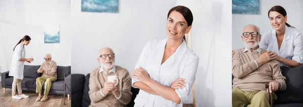 Collage Brunette Geriatric Nurse Caring Aged Man Looking Camera Banner — Stock Photo, Image