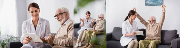 Collage Social Worker Showing Digital Tablet Aged Man While Showing — Stock Photo, Image