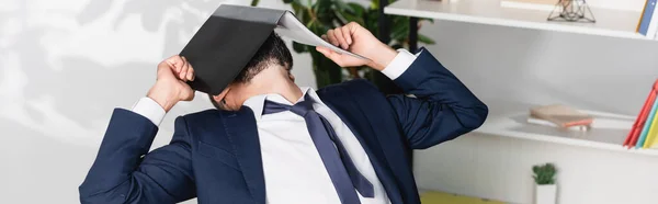 Businessman Covering Face Paper Folder Office Banner — Stock Photo, Image