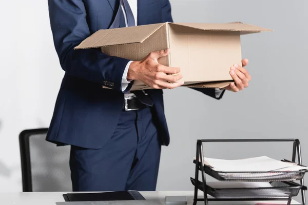 Cropped View Fired Businessman Holding Carton Box Papers Blurred Foreground — Stock Photo, Image