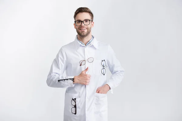 Front View Smiling Doctor Thumb Hand Pocket Wearing White Coat — Stock Photo, Image