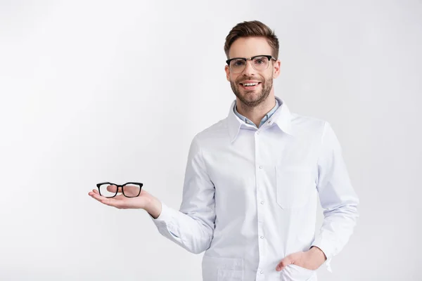 Front View Smiling Doctor Hand Pocket Holding Eyeglasses Palm While — Stock Photo, Image