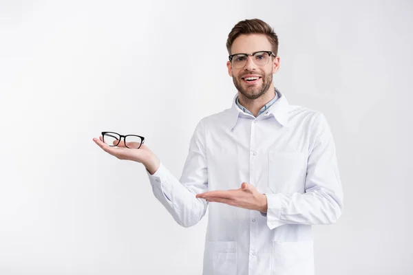 Front View Happy Doctor Holding Pointing Hand Eyeglasses Palm While — Stock Photo, Image