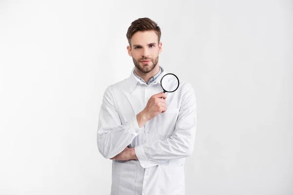 코트를 의사의 확성기로 카메라를 흰색으로 — 스톡 사진