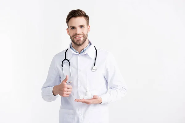 Front View Smiling Ophthalmologist Thumb Holding Lenses Container Plastic Bottle — Stock Photo, Image