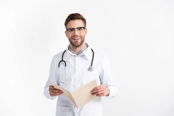 Front View Smiling Young Adult Doctor Stethoscope Holding Folder Isolated — Stock Photo, Image