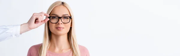 Oftalmolog Med Glasögon Ram Blond Kvinna Isolerad Vit Banner — Stockfoto