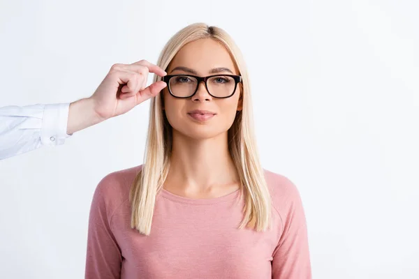 Ophthalmologist Holding Eyeglasses Frame Positive Woman Isolated White — Stock Photo, Image