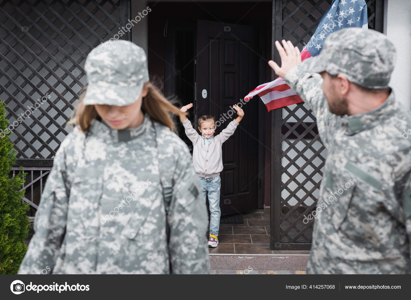 Daughter Father Camouflage Waving Each Other Home Stock Photo by
