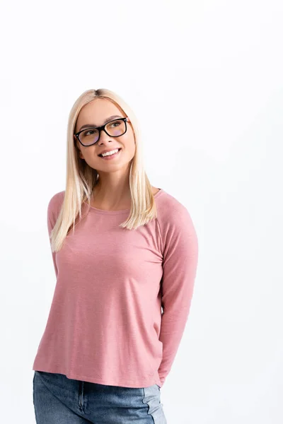 Cheerful Woman Eyeglasses Looking Away Isolated White — Stock Photo, Image
