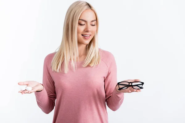 Blonde Woman Smiling While Holding Eyeglasses Container Contact Lenses Isolated — Stock Photo, Image