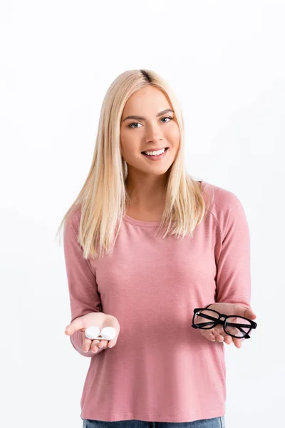 Blonde Woman Smiling Camera While Holding Box Contacts Eyeglasses Isolated — Stock Photo, Image