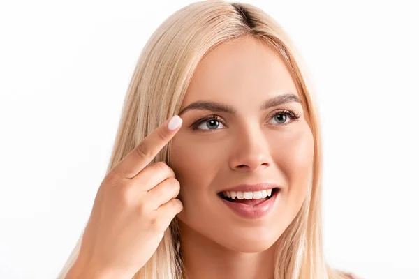Positive Blonde Woman Holding Contact Lens Isolated White — Stock Photo, Image