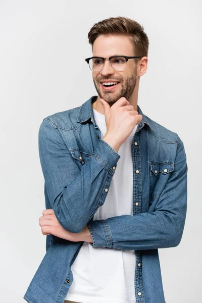 Young Man Eyeglasses Smiling While Touching Chin Isolated Grey — Stock Photo, Image