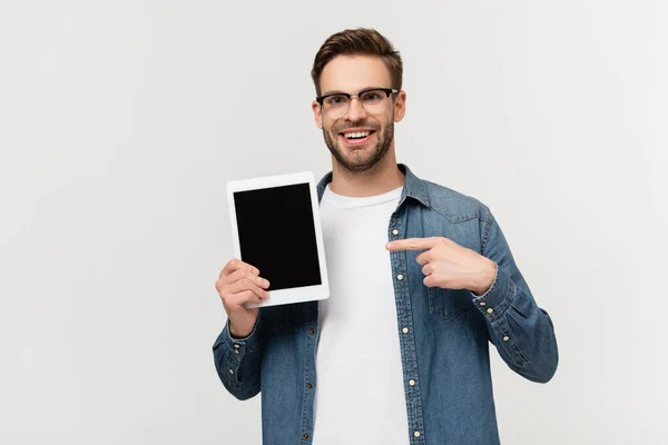 Smiling Man Eyeglasses Pointing Finger Digital Tablet Isolated Grey — Stock Photo, Image