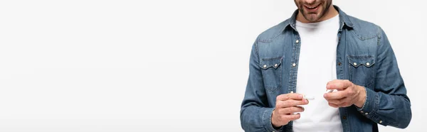 Cropped View Smiling Man Holding Box Contact Lenses Cap Isolated — Stock Photo, Image