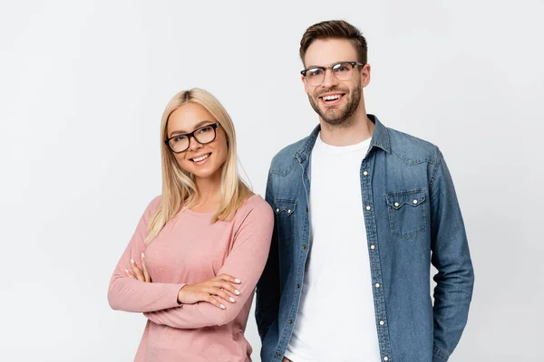 Smiling Woman Crossed Arms Looking Camera Boyfriend Eyeglasses Isolated Grey — Stock Photo, Image