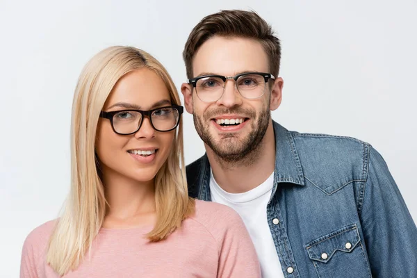 Blonde Woman Eyeglasses Smiling Camera Boyfriend Isolated Grey — Stock Photo, Image