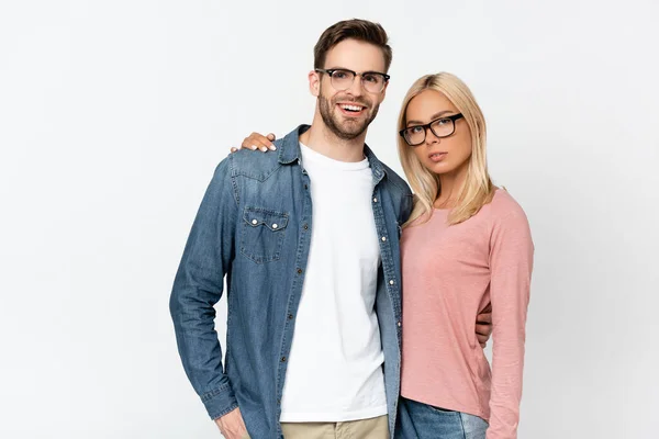 Blonde Woman Hugging Smiling Boyfriend Eyeglasses Isolated Grey — Stock Photo, Image