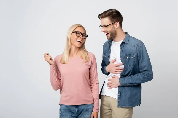 Young Woman Eyeglasses Standing Cheerful Boyfriend Isolated Grey — Stock Photo, Image