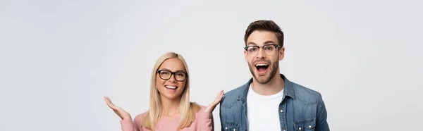 Cheerful Couple Eyeglasses Looking Camera Isolated Grey Banner — Stock Photo, Image