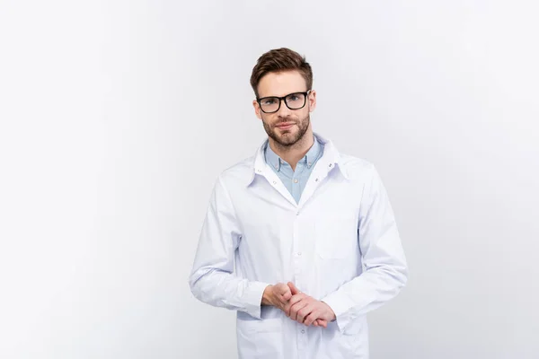 Οφθαλμίατρος Λευκό Παλτό Που Στέκεται Απομονωμένος Γκρι — Φωτογραφία Αρχείου