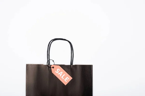 Top View Black Shopping Bag Sale Lettering Price Tag White — Stock Photo, Image