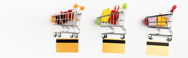 Panoramic Orientation Credit Cards Shopping Carts Toy Gifts Bags White — Stock Photo, Image