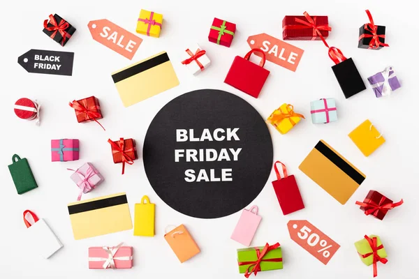 Top View Circle Black Friday Lettering Credit Cards Toy Shopping — Stock Photo, Image