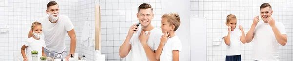 Collage Father Shaving Foam Standing Son Shaving Electric Razor Using — Stock Photo, Image