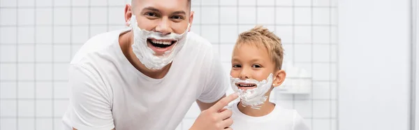 Happy Father Standing Son Shaving Foam Face Touching Chin Bathroom — Stock Photo, Image