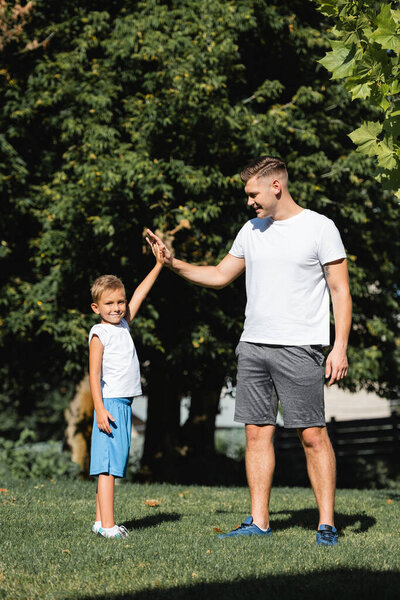 Preschooler boy in sportswear looking at camera while giving high five to smiling man in park