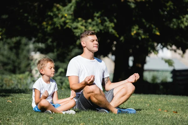 Father and son with closed eyes relaxing while sitting in lotus pose in park on blurred background — Stock Image Father Son Closed Eyes Relaxing While Sitting Lotus Pose Park Royalty Free Stock Photos