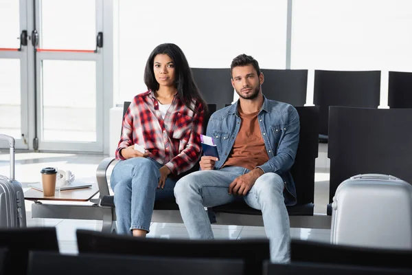 Interracial Passengers Holding Passports Air Tickets Airport — Stock Photo, Image