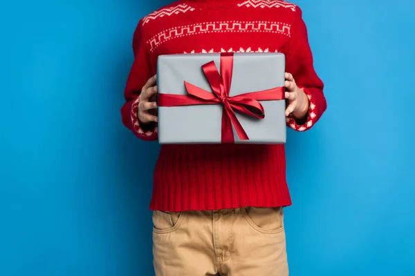 Cropped View Boy Red Sweater Ornament Holding Present Blue — Stock Photo, Image