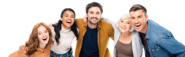 Multiethnic people smiling at camera and embracing isolated on white, banner 