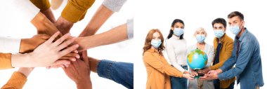 Collage of multiethnic people holding hands and globe while wearing medical masks isolated on white, banner 