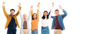 Multicultural people smiling while showing yeah gesture isolated on white, banner 