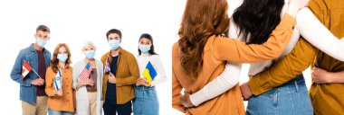 Collage of multiethnic people in medical masks holding flags and hugging isolated on white, banner 