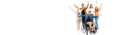 Cheerful multiethnic people looking at camera near friend in wheelchair on white background, banner 
