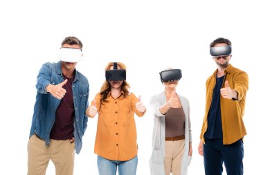 Smiling people in vr headsets showing like isolated on while  clipart