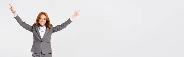 Cheerful Businesswoman Pointing Fingers Isolated Grey Banner — Foto de Stock