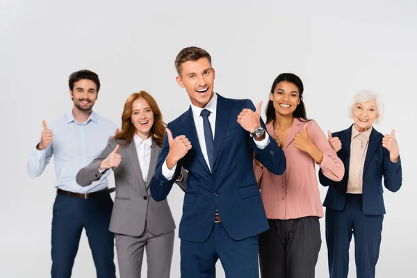 Cheerful Multiethnic Businesspeople Showing Gesture Isolated Grey — Stock Photo, Image