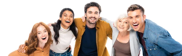 Multiethnic People Smiling Camera Embracing Isolated White Banner — Φωτογραφία Αρχείου