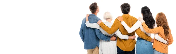 Back View Multicultural People Embracing Isolated White Banner — Stockfoto