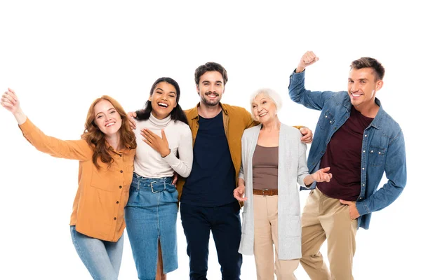 Amigos Multiétnicos Sonriendo Mientras Abrazan Aislados Blanco — Foto de Stock